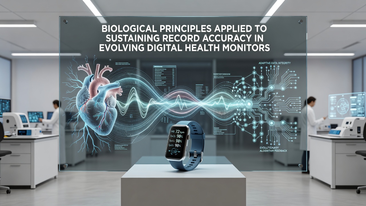 Close-up of wearable health sensor array with overlaid cellular signaling pathways