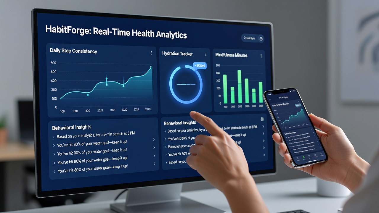User interacting with a mobile health interface while real-time analytics update habit progress on screen